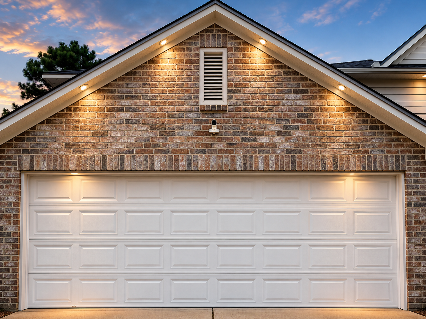 BrightNight exterior soffit lighting on a brick garage at sunset