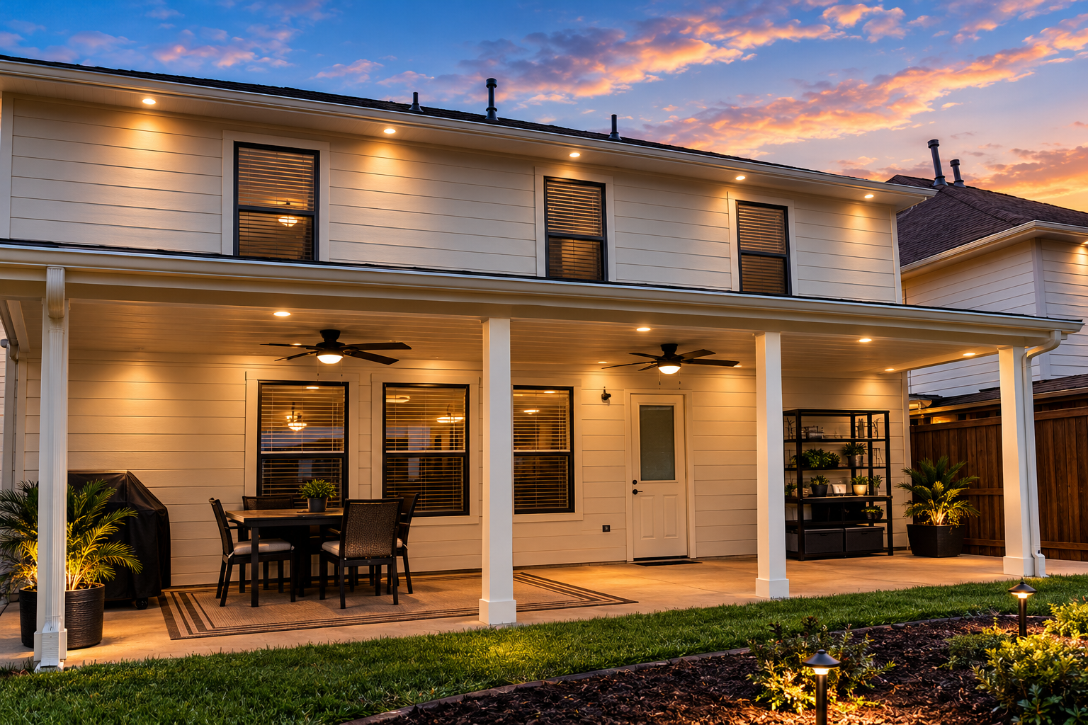Covered patio and landscape lighting installed by BrightNight